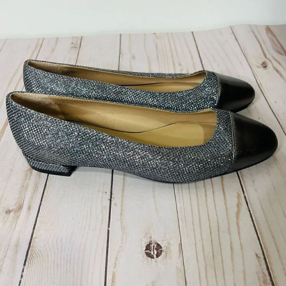 Stuart Weitzman Sleek Flat Gunmetal Silver Pewter Sparkle Glitter Flats NEW! Sz